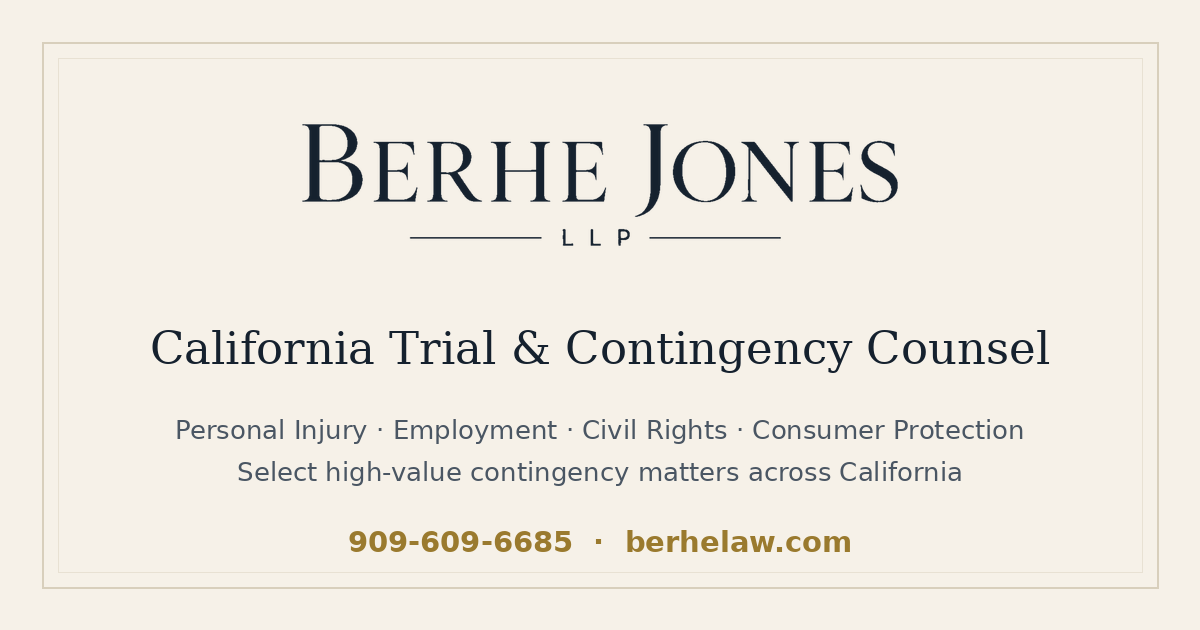 Berhe Jones LLP brand preview, California trial and contingency counsel.